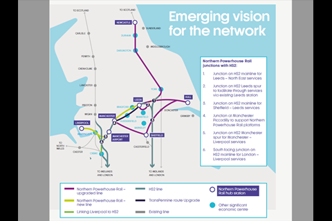 Map of proposed junctions between High Speed 2 and Northern Powerhouse Rail routes.